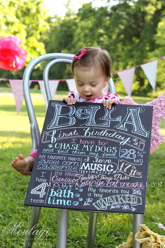 First birthday chalkboard style custom ink drawing on 15x20 or 16x20 art board the original Favorite Things Poster
