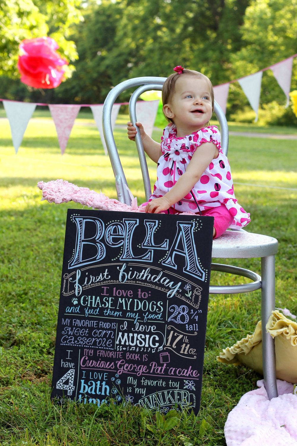 First birthday chalkboard style custom ink drawing on 15x20 or 16x20 art board the original Favorite Things Poster
