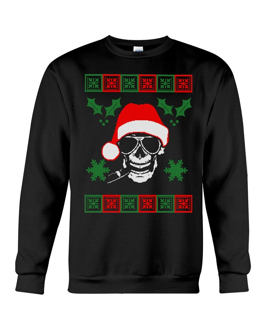 Sunglasses Skull Wearing Christmas Hood - Unisex - Sizes Small to 5XL Ugly Christmas Sweater